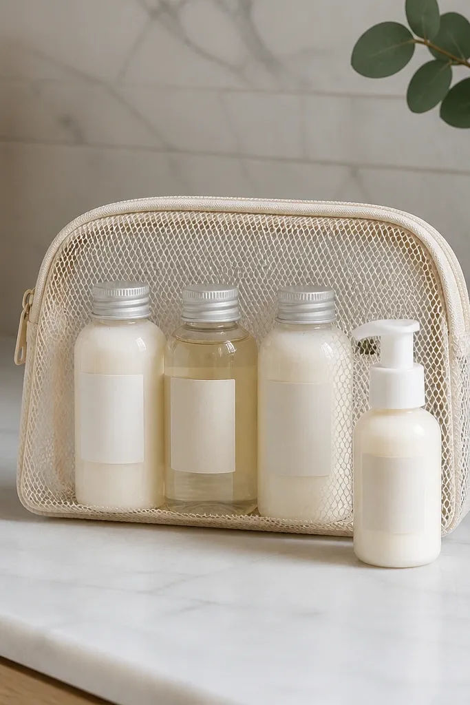 Minimal mesh bag with mini shampoo bottles and a small soap bar