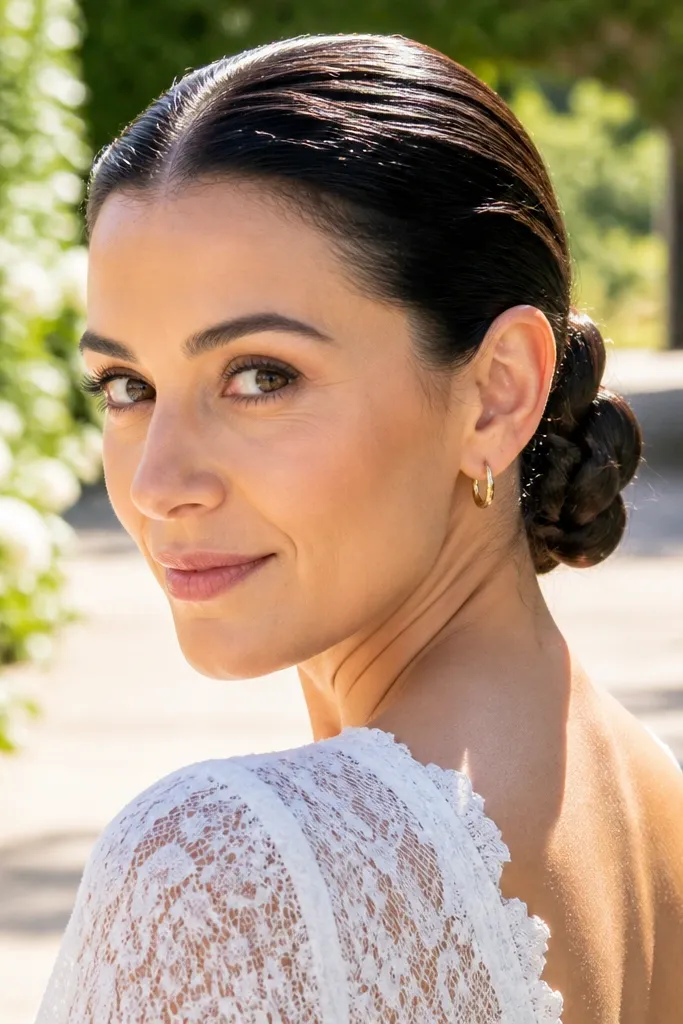 Low bun made from a tight braid wrapped into a knot