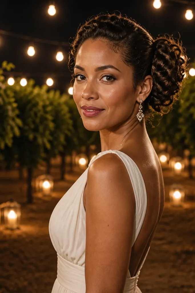 Side bun with twisted sections and curled ends pinned like a pinwheel