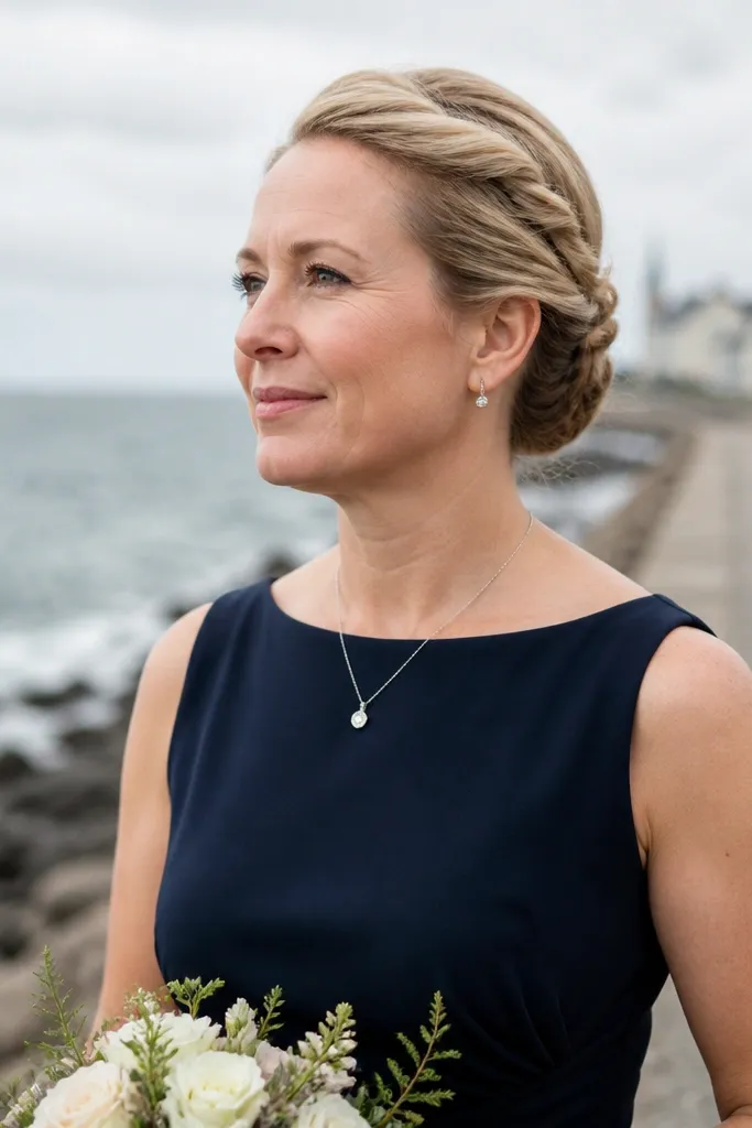 Low bun with a wrapped twist across the crown