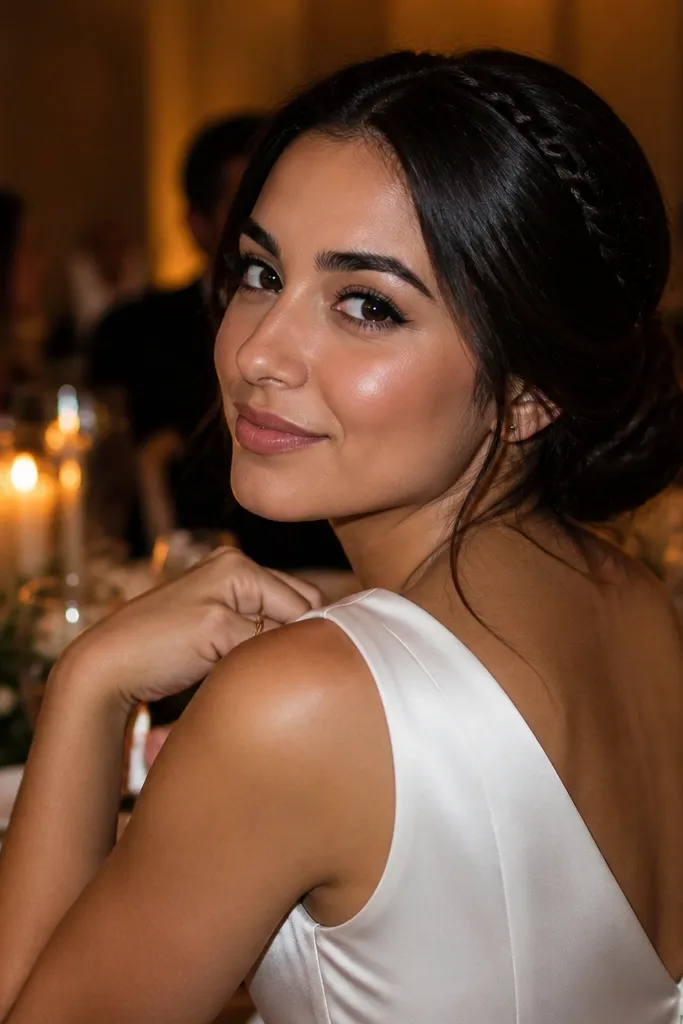 Classic chignon bun with a small braid tucked into the side