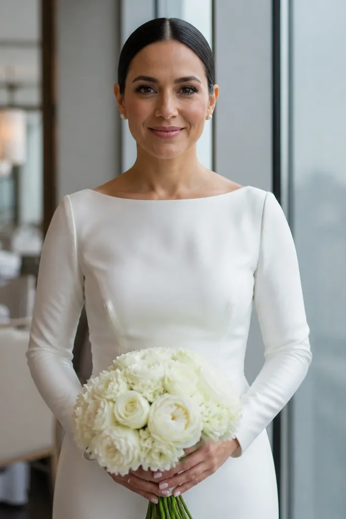 Low sleek bun with center part and hidden veil anchor pins