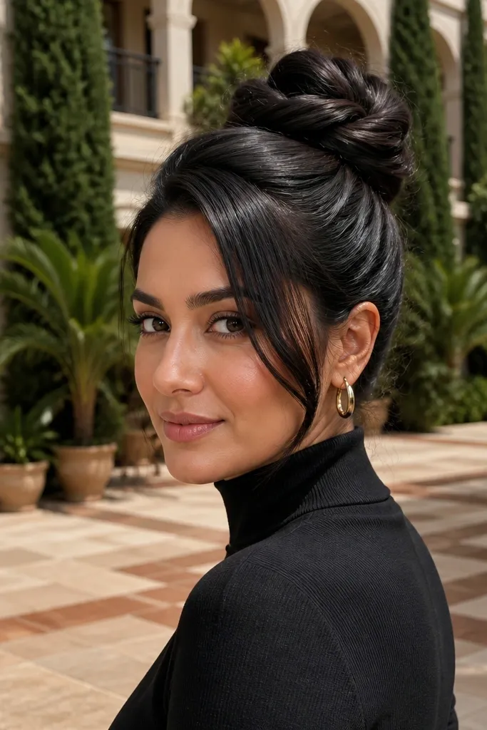 Rope twist bun with a soft side sweep across the forehead