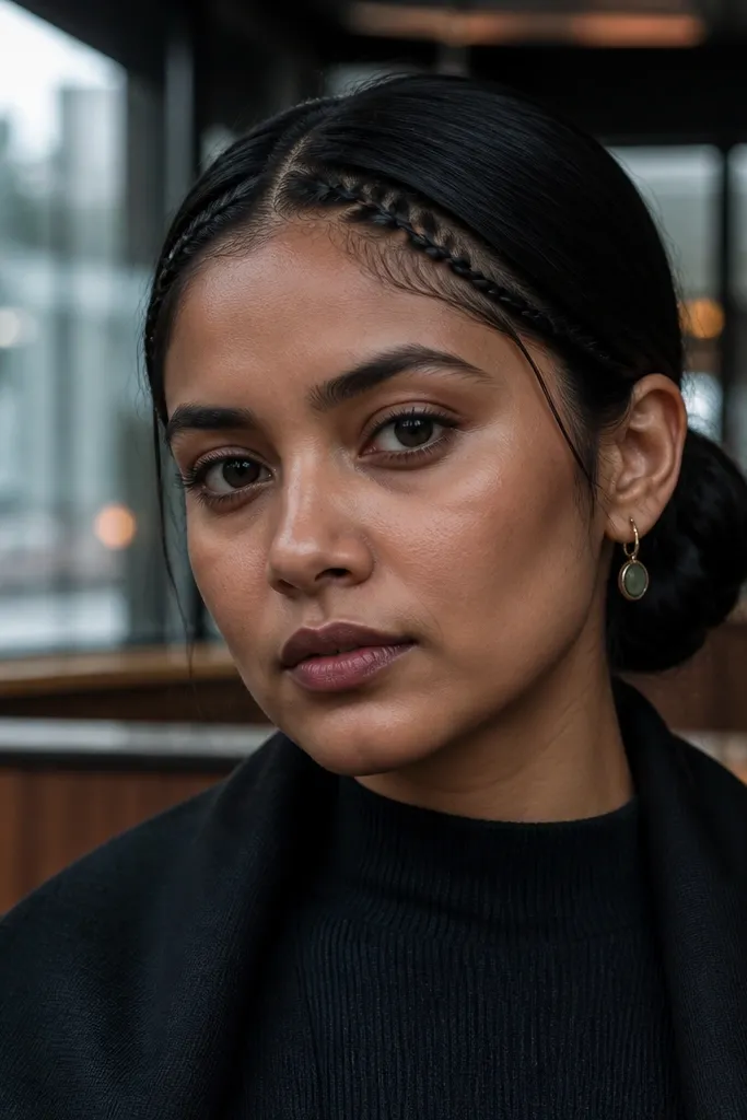 Low bun with tiny braids along the hairline