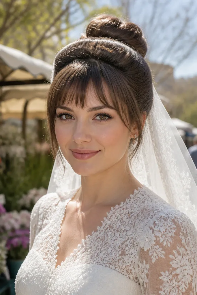 High bun with a rolled section across the forehead