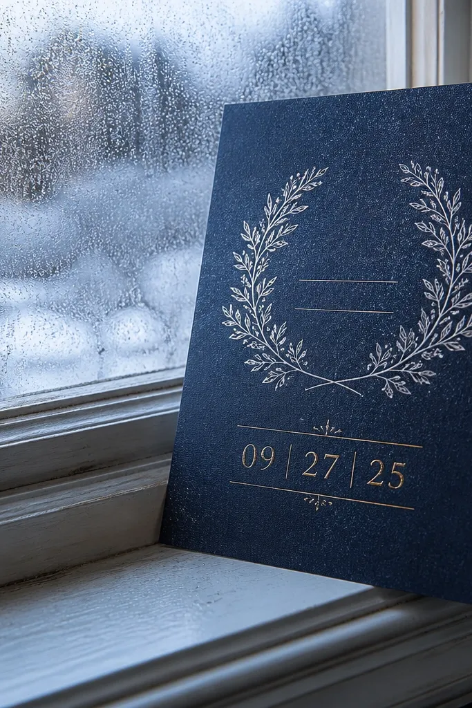 Deep navy wedding invitation with gold date and light script names