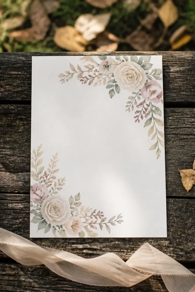 Ivory invitation with champagne-toned watercolor florals framing the corners