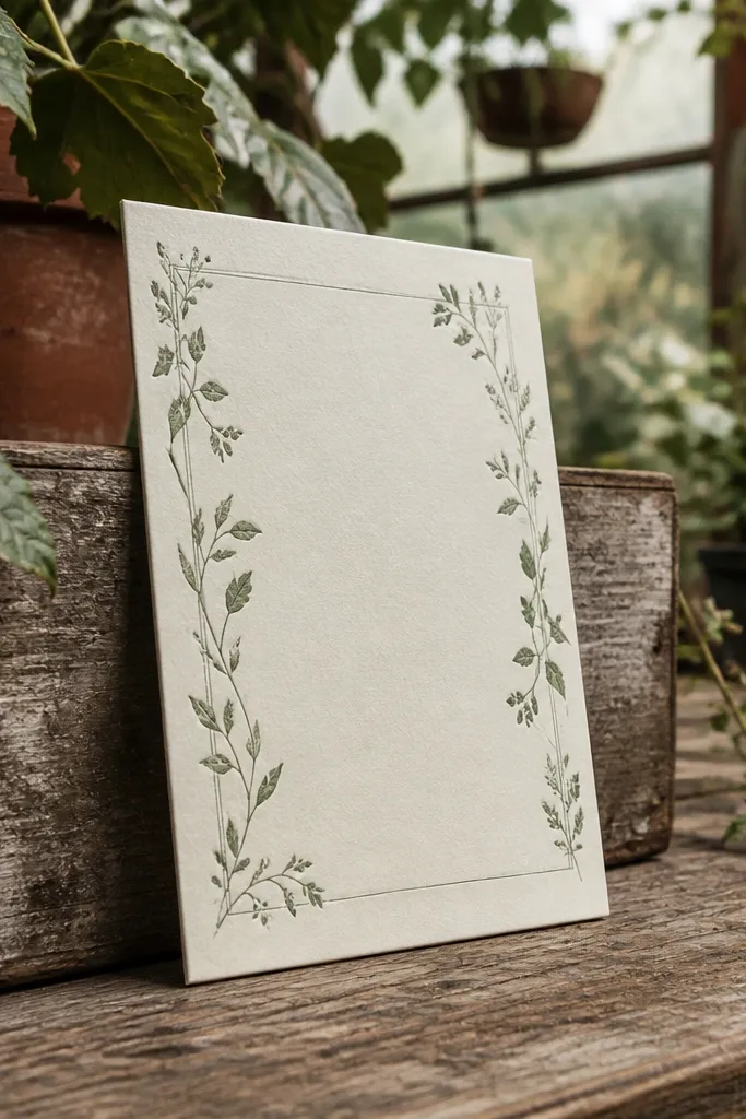 Cream invitation with a green botanical border and subtle embossed style text