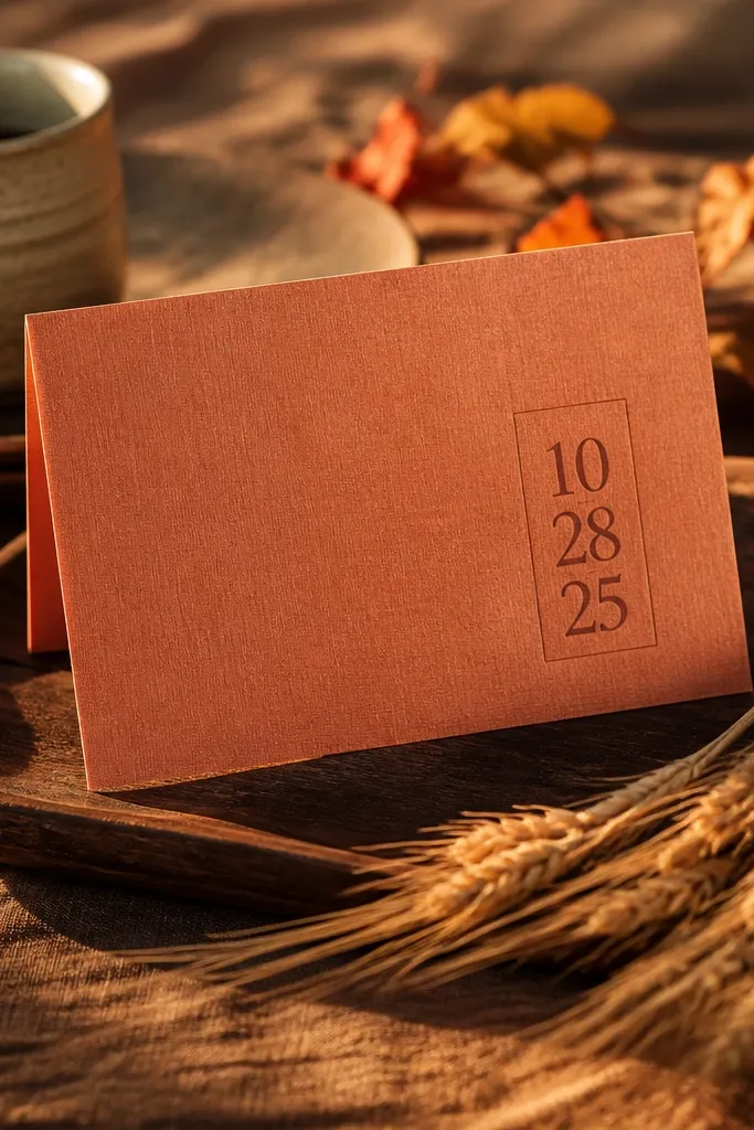 Warm terracotta textured invitation with a boxed serif date