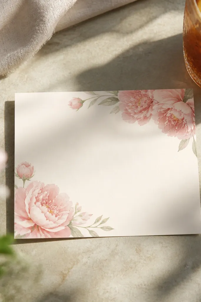 Blush peony flowers in the top corners with a clean white center