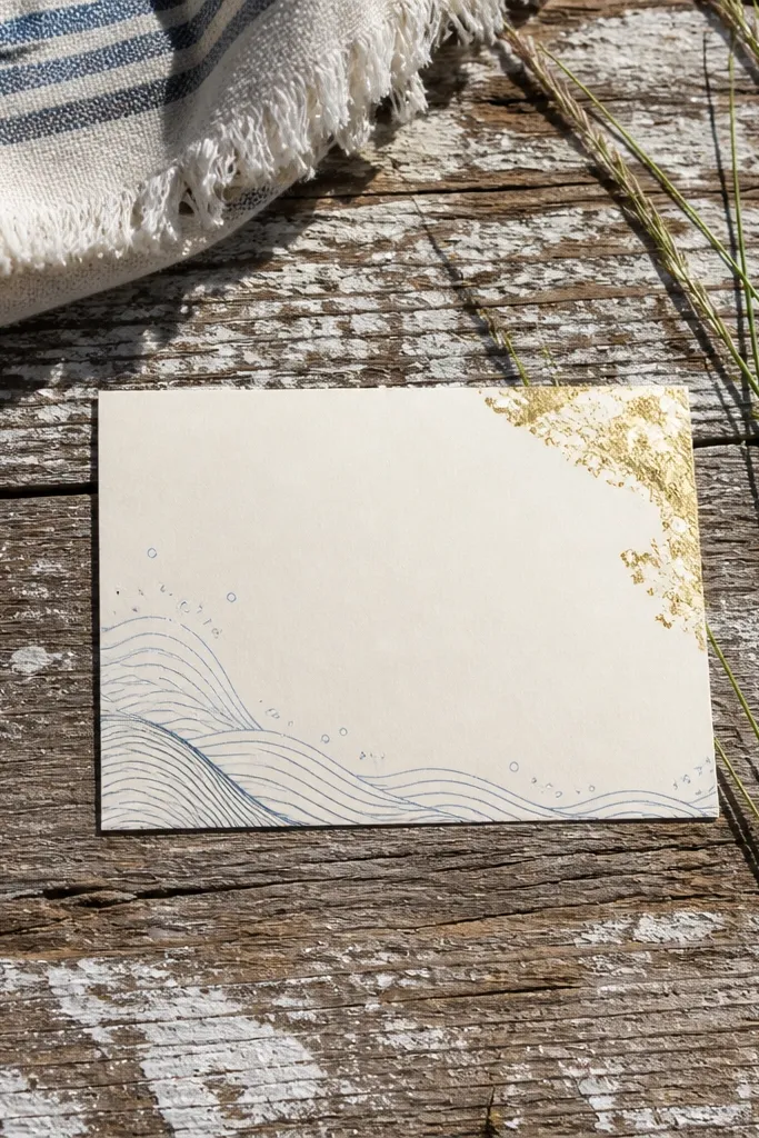 Ocean blue wave pattern with a small gold foil corner accent