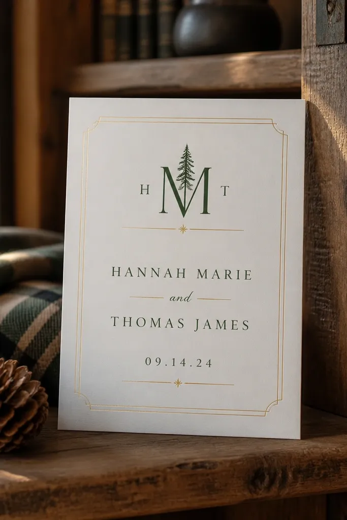 Forest green invitation with a gold monogram and thin gold line rules