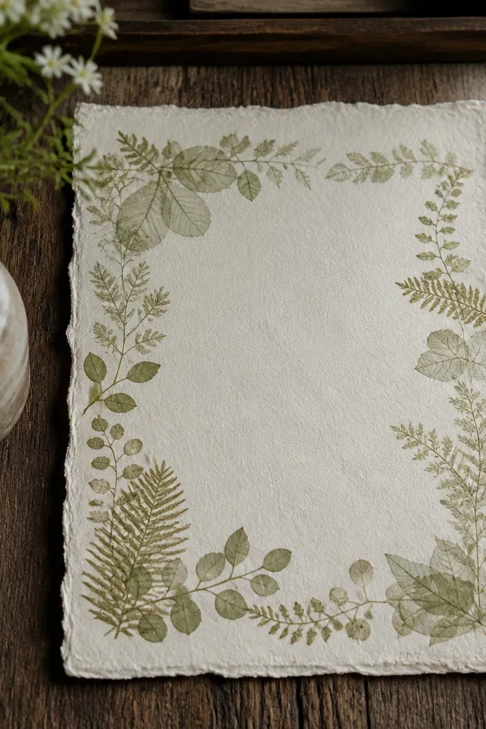 Off-white invitation with a pale sage pressed-leaf border