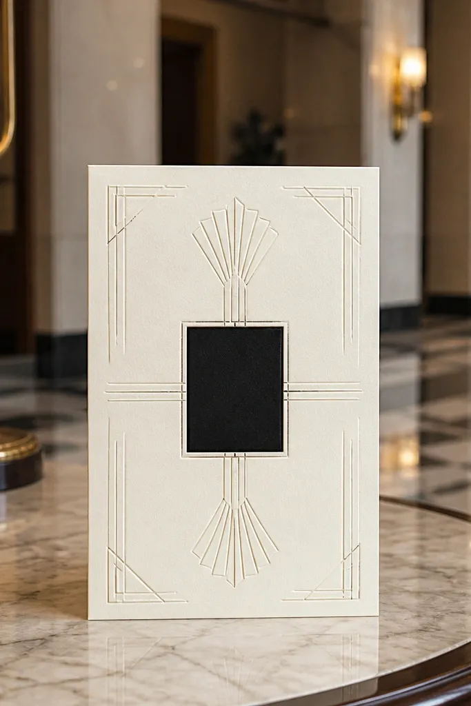 Cream art deco framed invitation with black date in the center