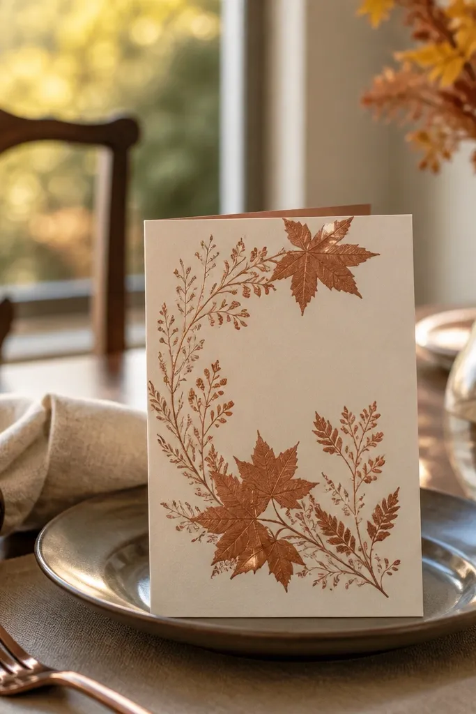 Ivory invitation with copper maple leaf accents and warm brown text