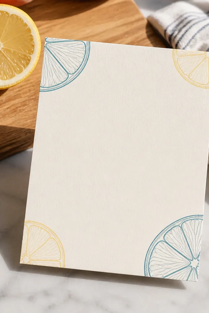 White invitation with small citrus slice accents and minimal dark text