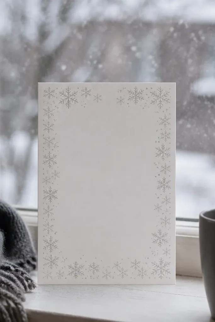 Off-white invitation with a subtle snowflake border and charcoal text