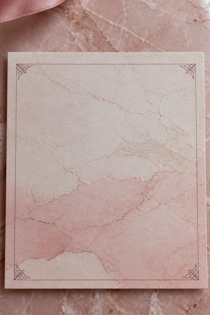 Blush marble invitation with soft serif names and dark date text