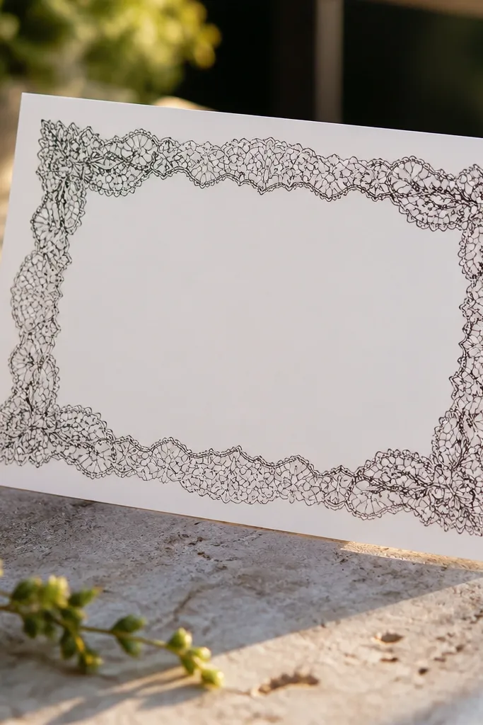 Pearl white invitation with a lace-like frame and black typography