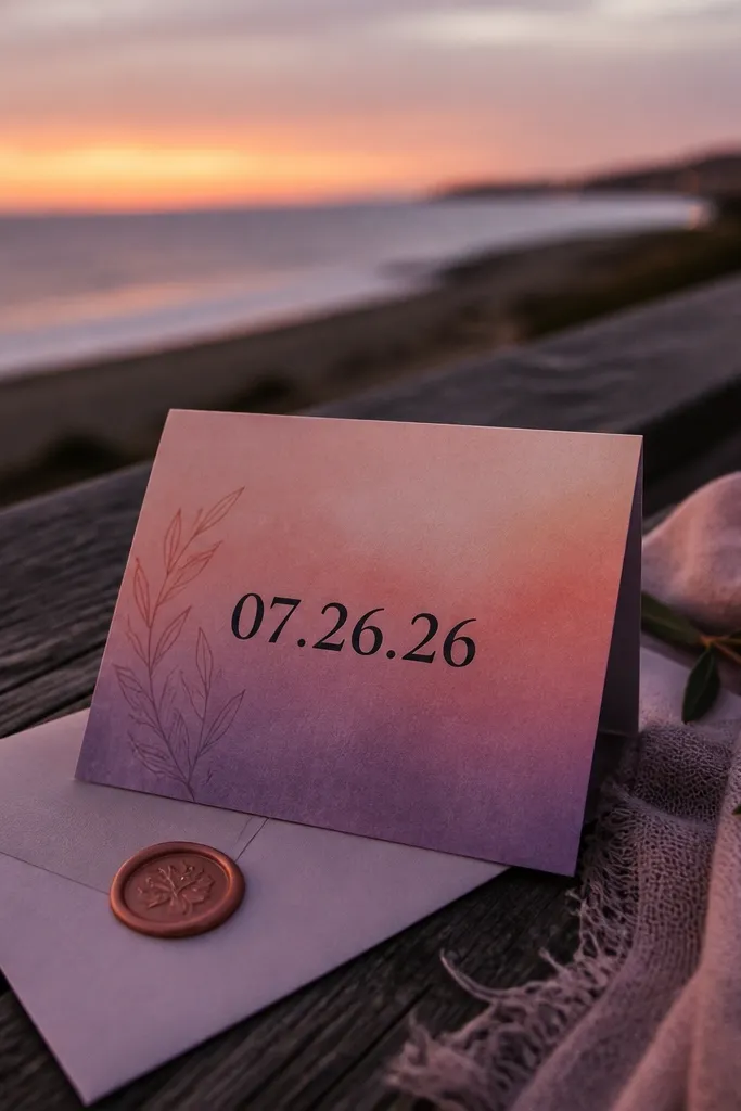 Muted sunset gradient invitation with bold dark date text