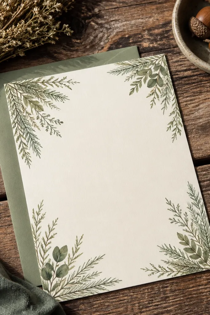 Cream invitation with cedar-green botanical corners and dark serif text