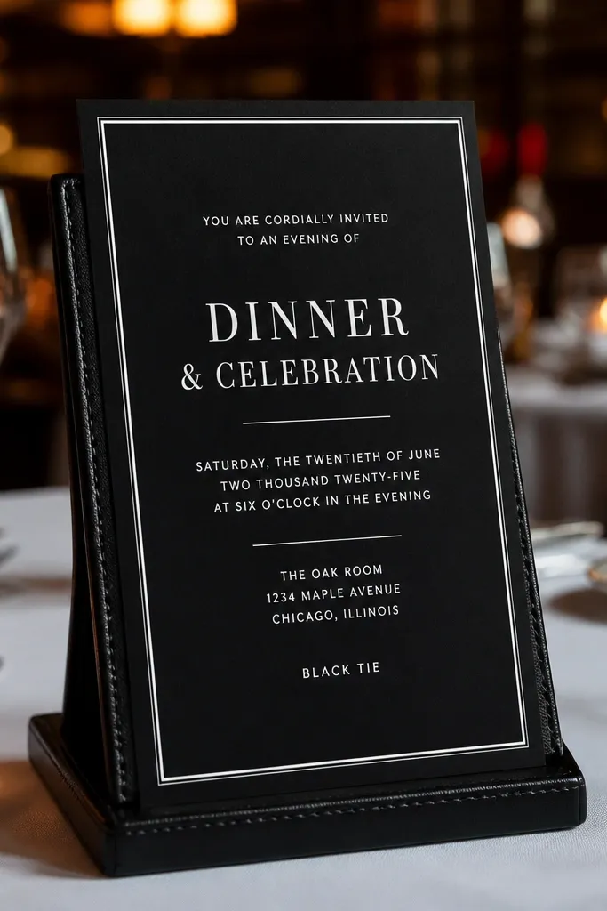 Black invitation with white rule lines and centered elegant typography