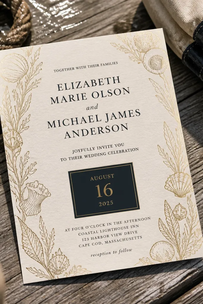 Deep teal invitation with thin seashell border and shiny foil date