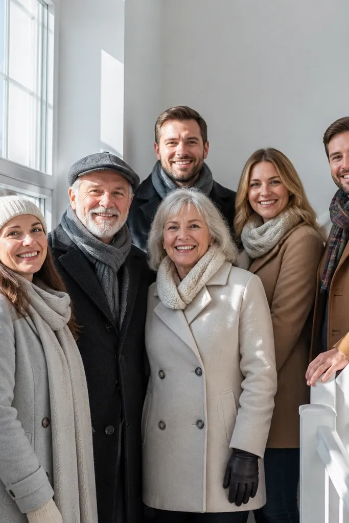 Family group standing on a white stair landing near a window