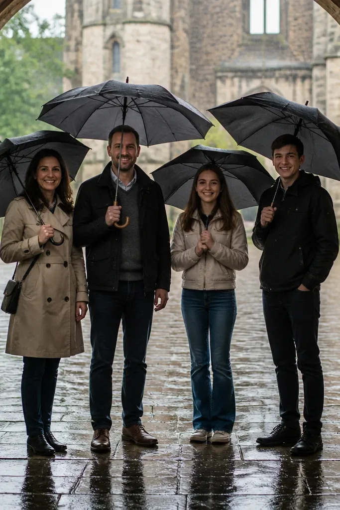 Guests holding umbrellas in the rain in front of a dark door
