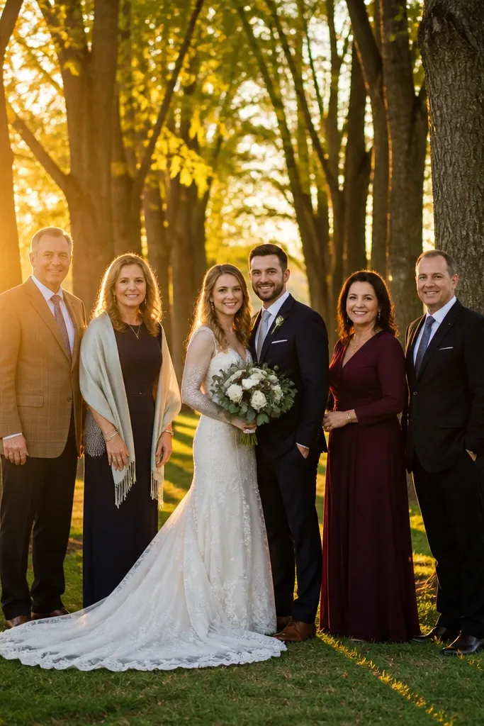 Family group standing in a line with trees behind them at sunset