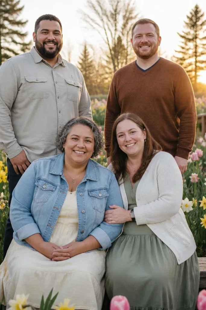 Family group arranged in three rows in a flower field