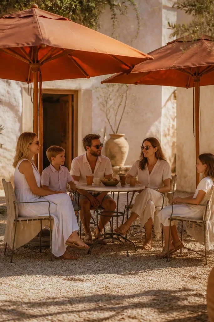 Family group under shade umbrellas in a bright courtyard