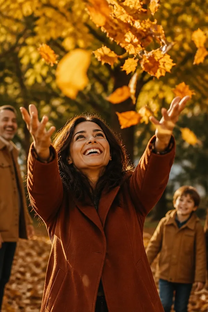 Family group tossing autumn leaves up in the air