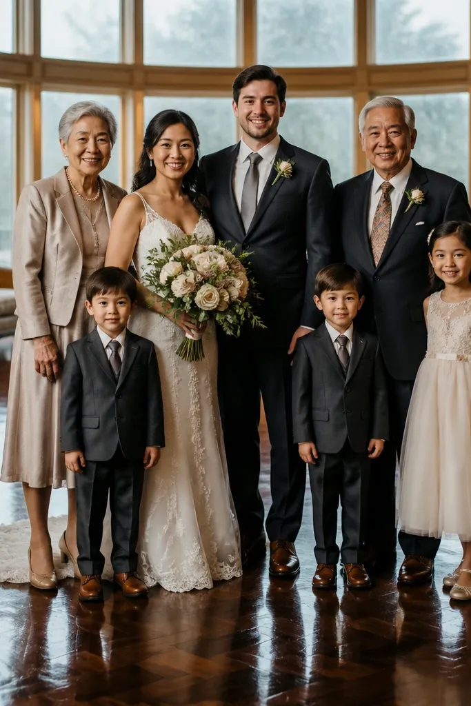 Family group indoors near glossy floor with soft reflections