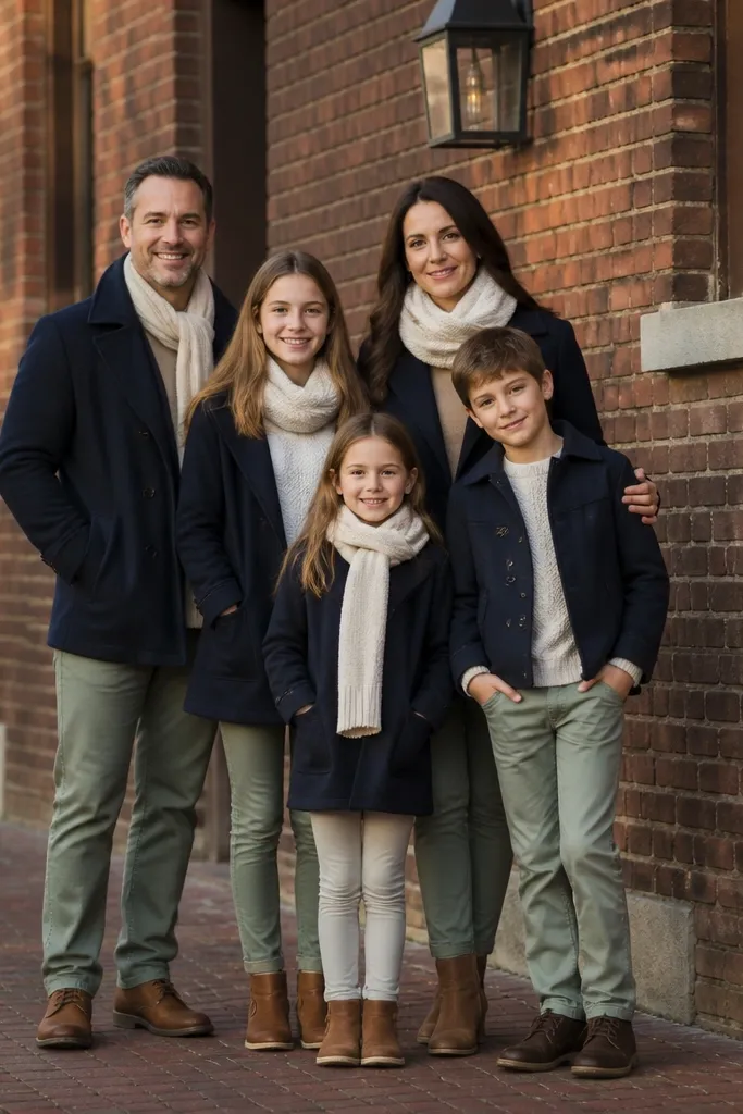 Family group posed against a brick wall with side lighting