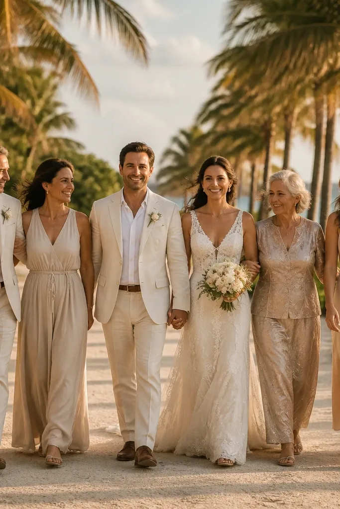 Family group walking toward camera along palm trees
