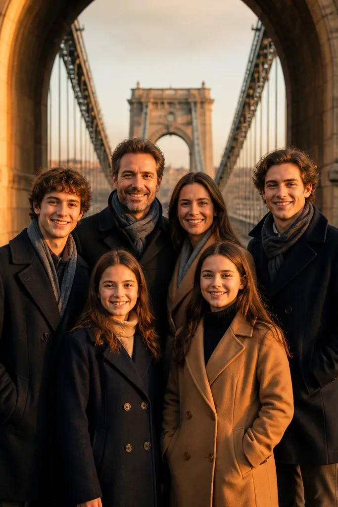 Family group under bridge arches with staggered heights