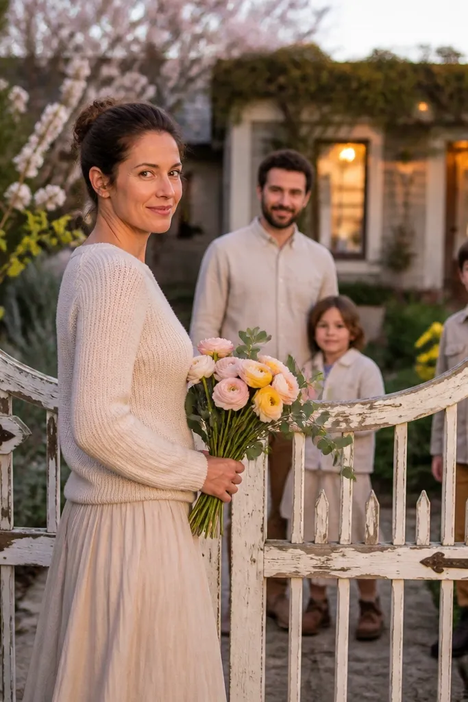 Family group at a garden gate holding small matching flowers