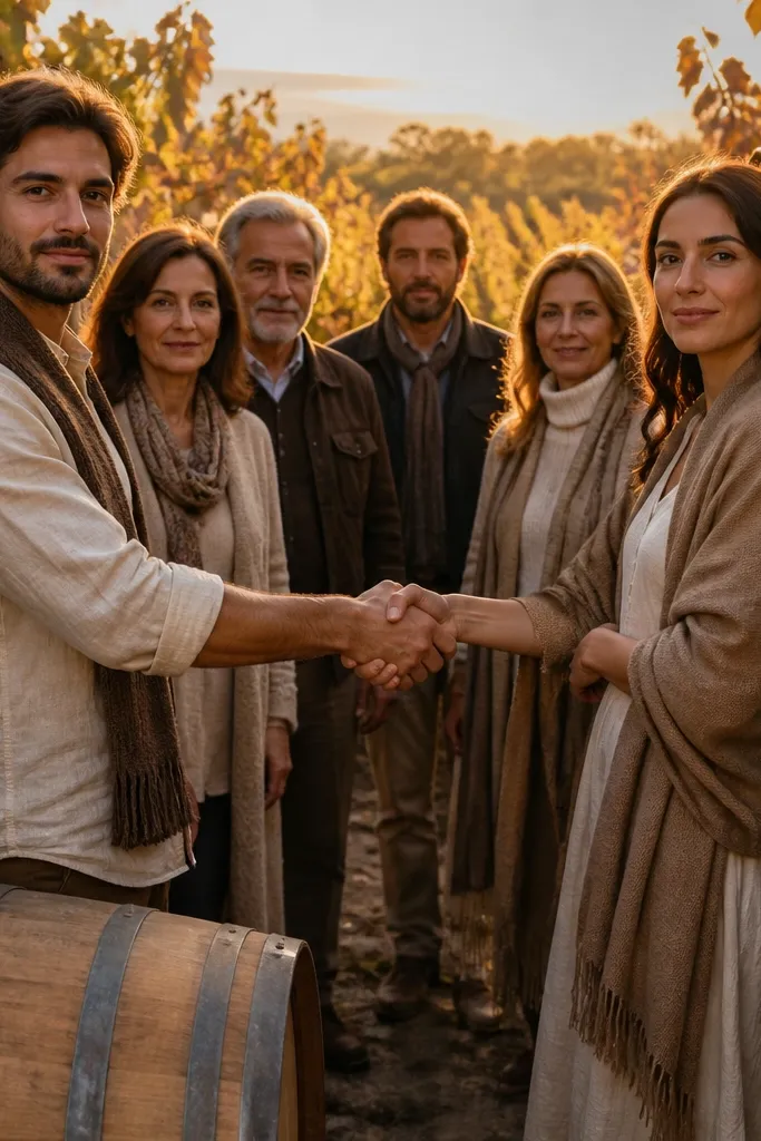 Family group around wine barrels with a centered handshake gesture