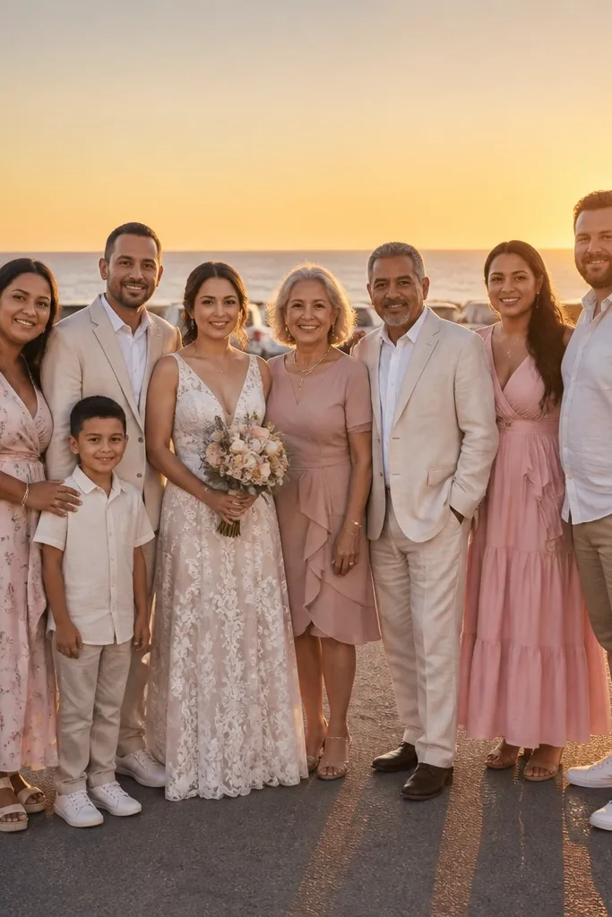 Family group spread wide with a sunset horizon in the background