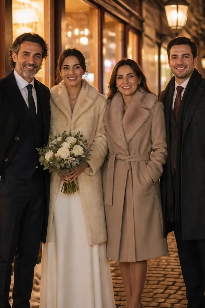 Family group standing on a city street with warm storefront lights behind